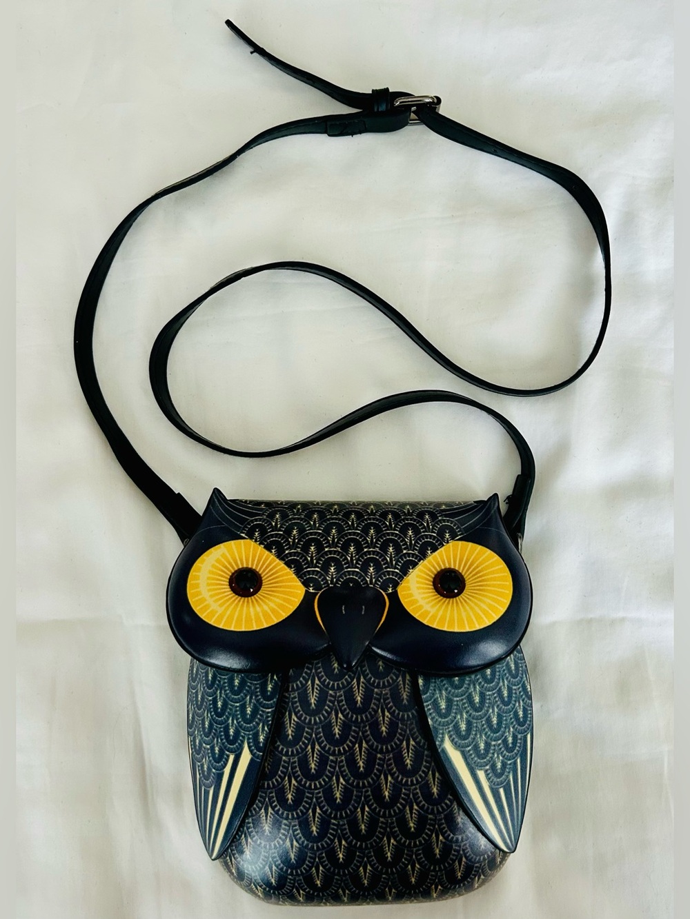 Owl Crossbody Bag with Dark Navy, Black, and Yellow design